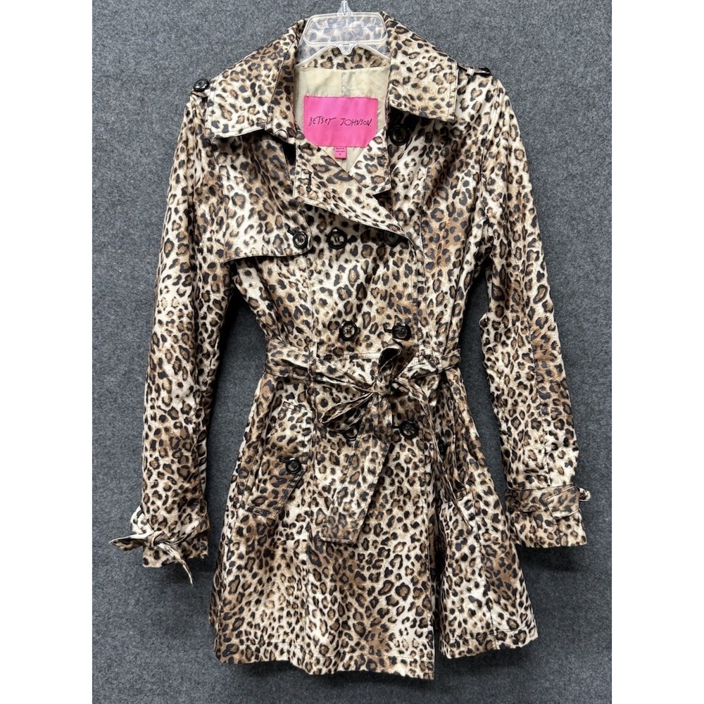 Betsey Johnson Coat Womens Small Leopard Trench Belted Corset Back Epaulets Y2K